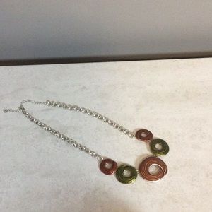 10” Silver with enamel round rust/olive swirls necklace